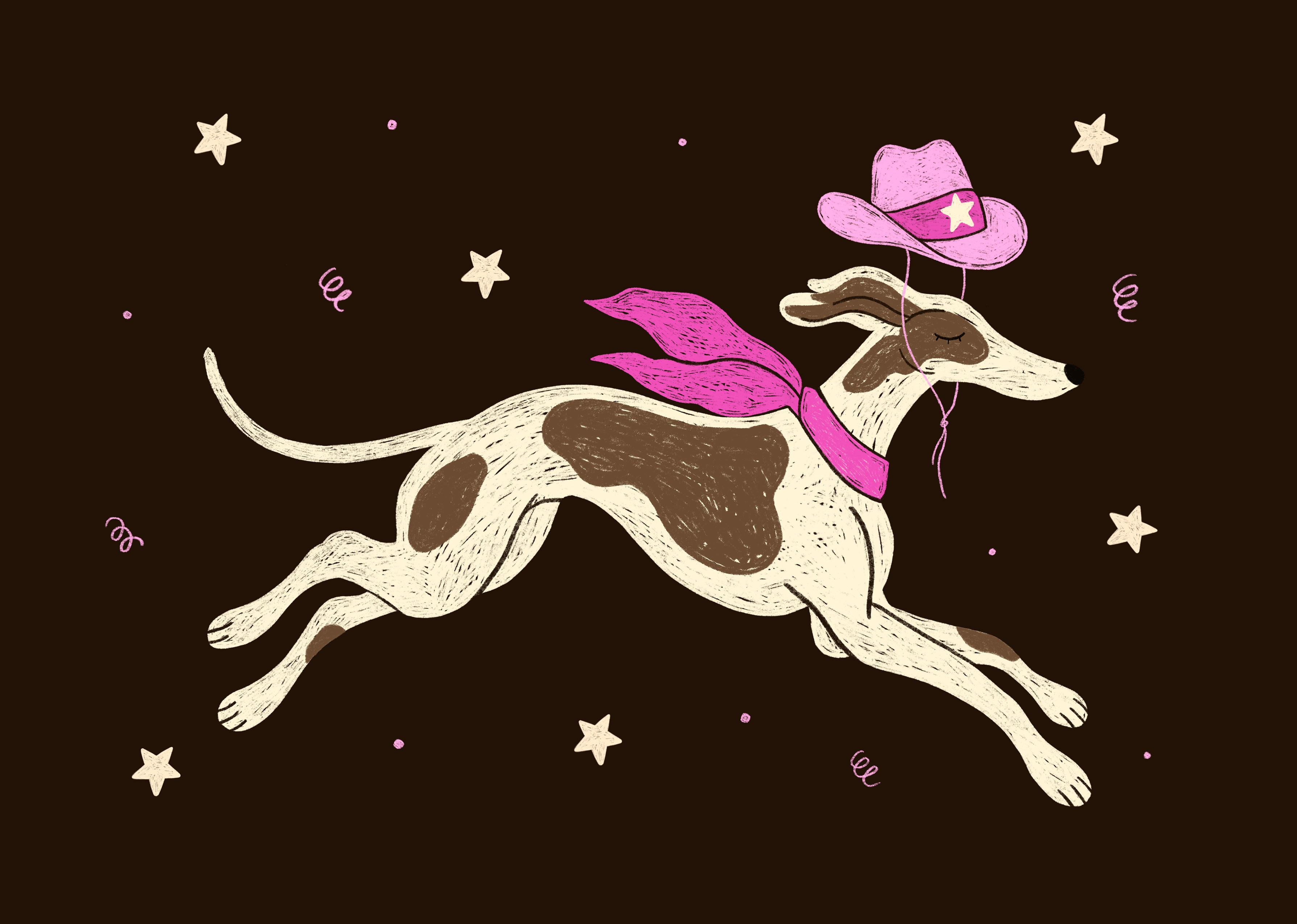 Illustration d’un lévrier au galop avec un chapeau de cowboy